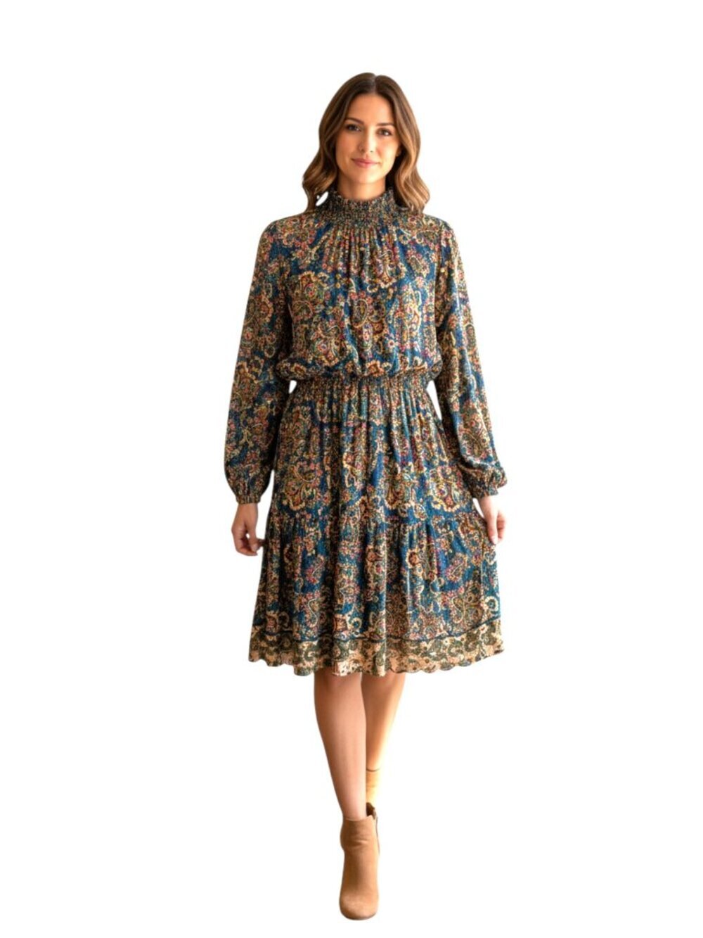 Leota Teal Blue Paisley Smocked Ruffle Neck Long Sleeve Tiered Dress